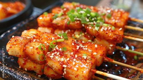 Korean style spicy skewered rice cake photo