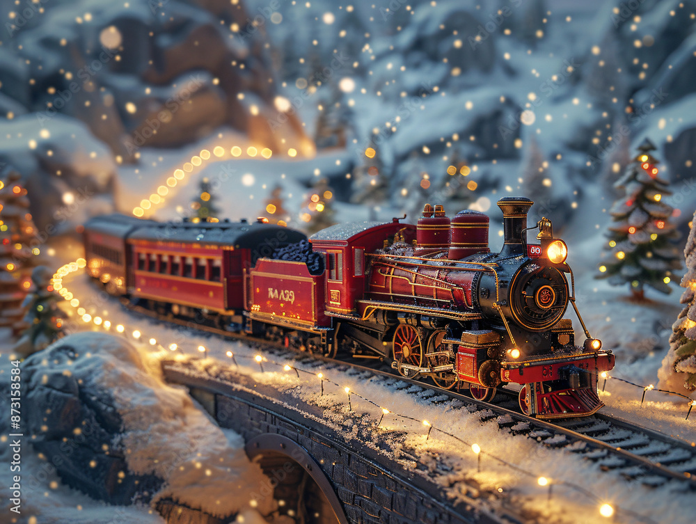 a model train set on a track with a cityscape in the background, illuminated by city lights. a model train set on a track with a cityscape in the background, illuminated by city lights.