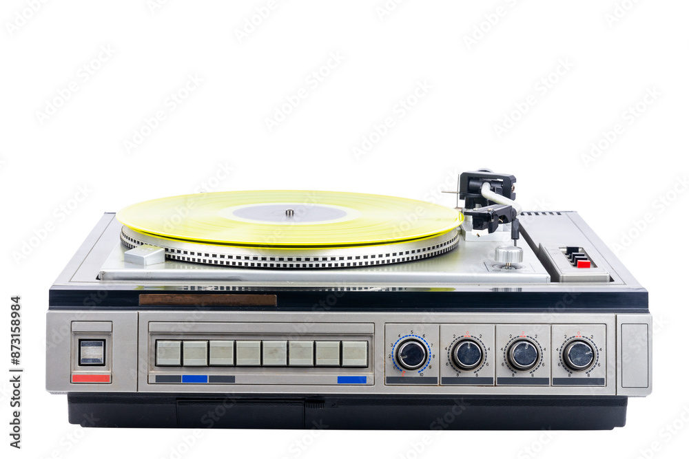 Fototapeta premium Vintage turntable record player with yellow vinyl isolated on white background.