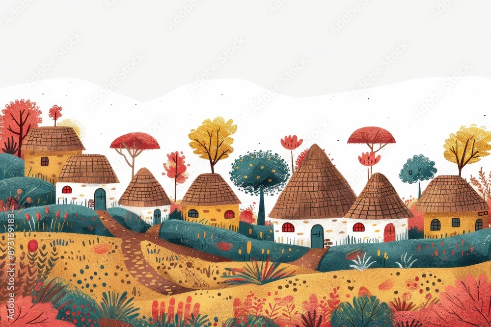 Naklejka premium Colorful Minimalist Illustration of Neolithic Village