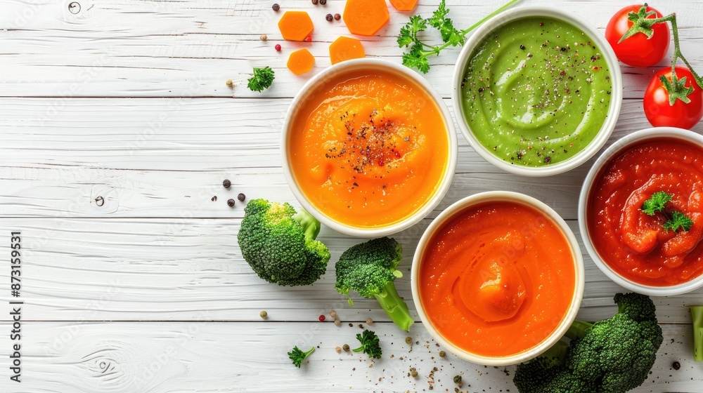 Bowls of carrot broccoli and tomato soups on white wood with copy space representing homemade healthy meals Bowls of carrot broccoli and tomato soups on white wood with copy space representing homemade healthy meals