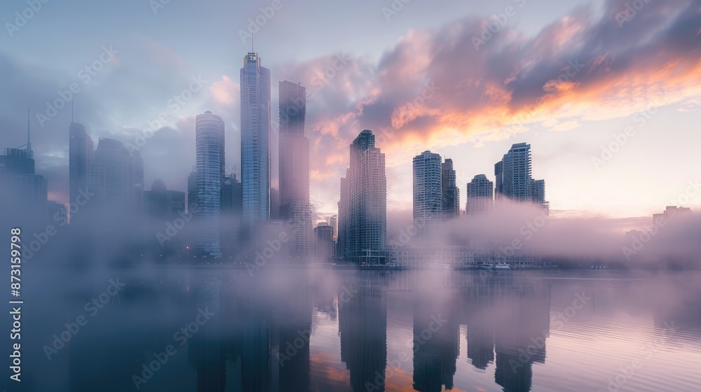 A city skyline during a misty morning, with skyscrapers partially obscured by thick fog rolling in from the nearby river. A city skyline during a misty morning, with skyscrapers partially obscured by thick fog rolling in from the nearby river.