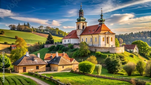 Church of St. James in Chvojno dates from the 13th century. It is situated on a hill above the Baroque farmyard Chvojen in the cadastral area of the town Benesov near by Prague. photo