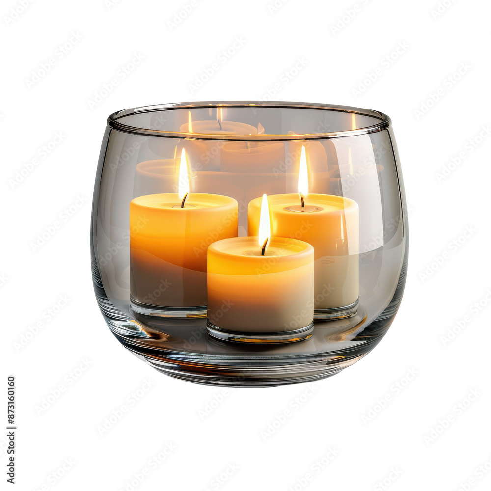 A glass candle holder with three candles inside on a transparent background. A glass candle holder with three candles inside on a transparent background.
