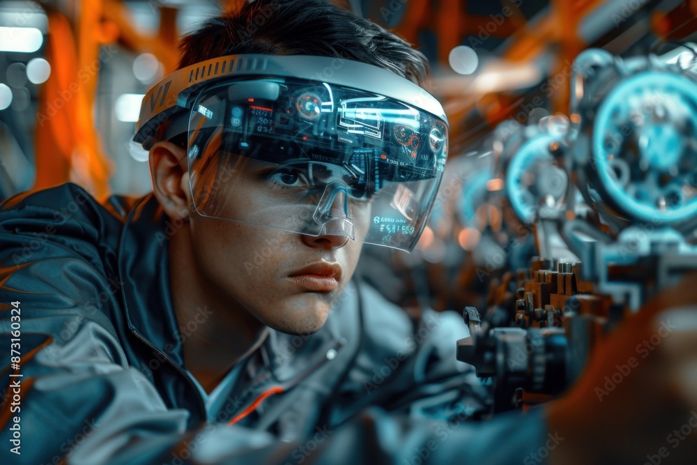 Engineer Using AR Glasses to Monitor Smart Factory Machinery

