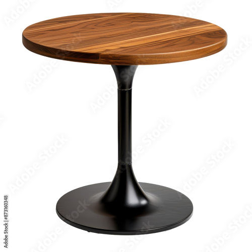 A wooden table with a black base and a round top on a transparent background.