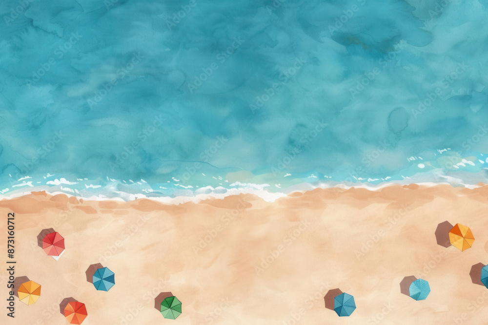 Fototapeta premium A watercolor painting of a serene beach with colorful umbrellas, sandy shore, and calm blue ocean waves. Perfect for summer themes.