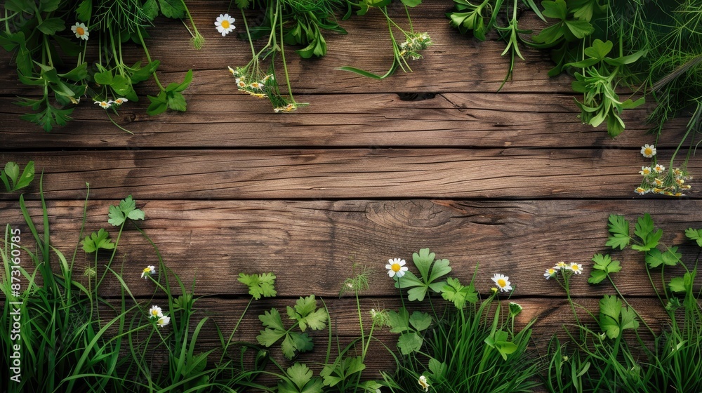 Lush green grass and flowers on wooden backdrop text space Lush green grass and flowers on wooden backdrop text space