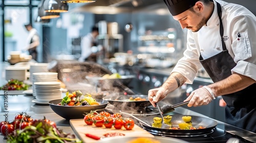 Chef Preparing Gourmet Dish on Live Induction Cooktop During Culinary Competition