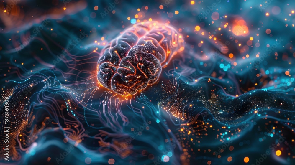 Obraz premium Digital Representation of a Brain with Neural Networks and Glowing Connections.