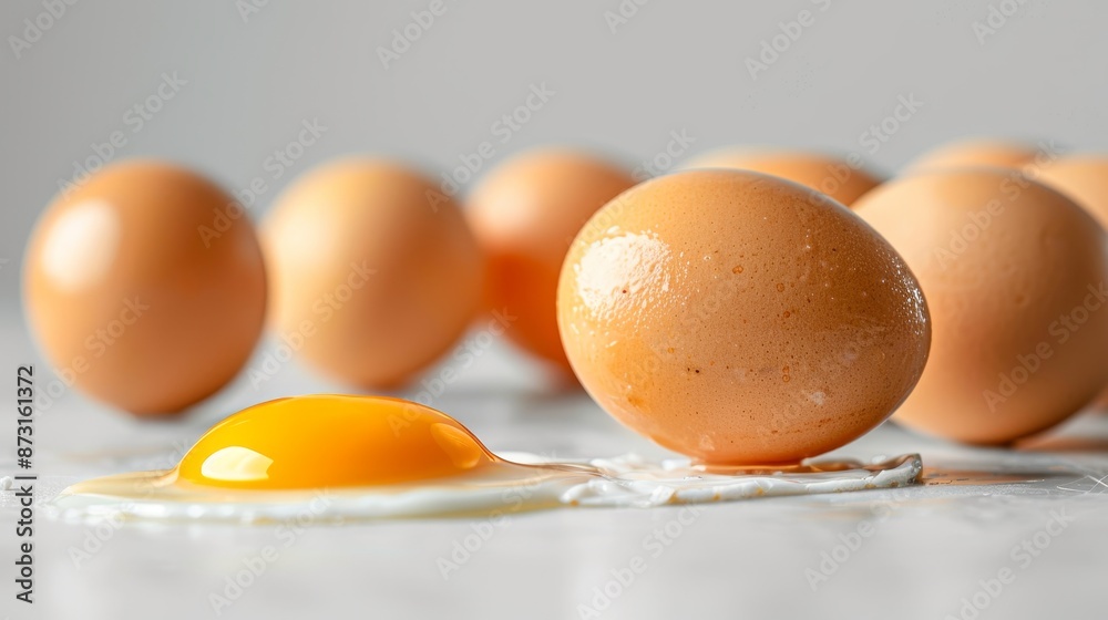 Close-up of cracked eggs alongside whole eggs, clean white background, studio lighting, capturing raw textures Close-up of cracked eggs alongside whole eggs, clean white background, studio lighting, capturing raw textures