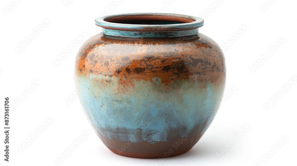 Large ceramic pot with brown and blue tones on white background Large ceramic pot with brown and blue tones on white background