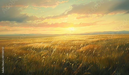 The vastness of the delta under sunlight, with tall grass swaying gently in the breeze and distant mountains visible on the horizon.