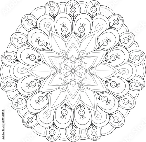 A zen mandala illustration,black and white image for relaxation. photo