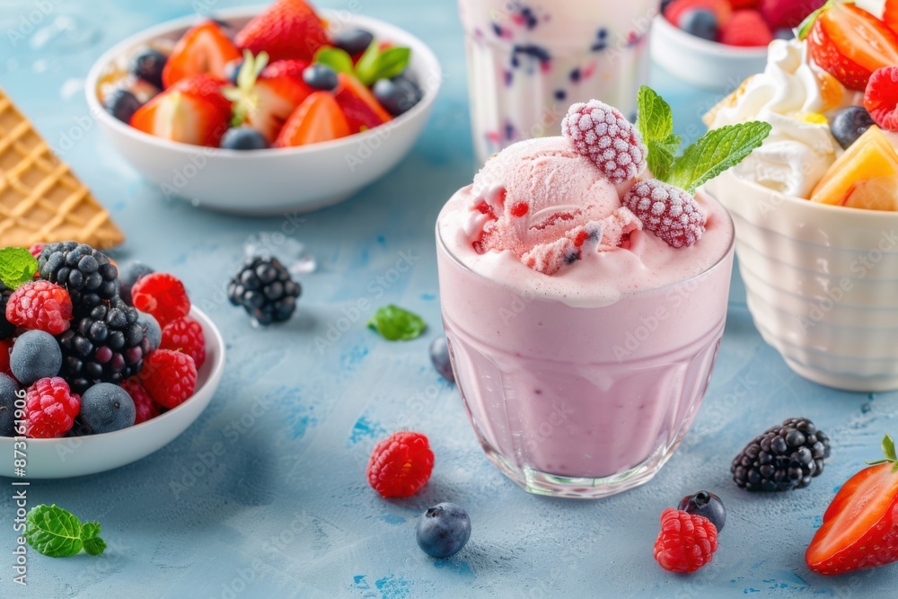 Refreshing berry ice cream with fresh fruits, perfect for a summer dessert. Assorted berries, mint, and yogurt complement the scene. Refreshing berry ice cream with fresh fruits, perfect for a summer dessert. Assorted berries, mint, and yogurt complement the scene.
