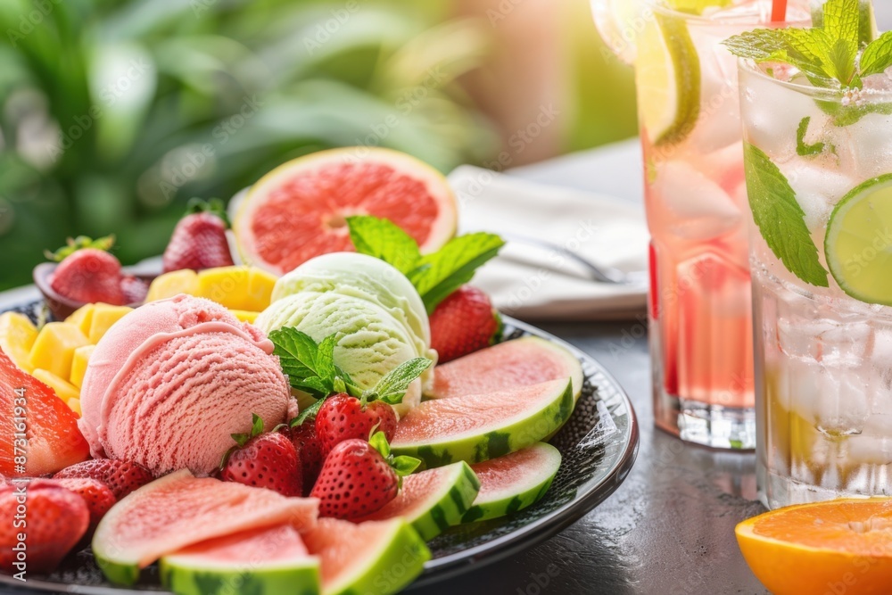 Refreshing fruit platter with ice cream scoops and two glasses of lemonade, ideal for summer gatherings and outdoor picnics. Refreshing fruit platter with ice cream scoops and two glasses of lemonade, ideal for summer gatherings and outdoor picnics.