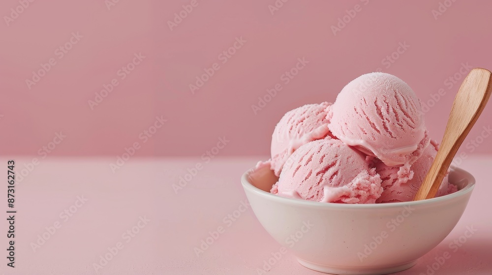 Creamy pink ice cream in a bowl with a wooden spoon, pastel pink background, ideal for ads, isolated, studio lighting, ample text space Creamy pink ice cream in a bowl with a wooden spoon, pastel pink background, ideal for ads, isolated, studio lighting, ample text space