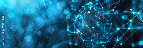An abstract blue background showcases digital network connections and interconnected nodes.
