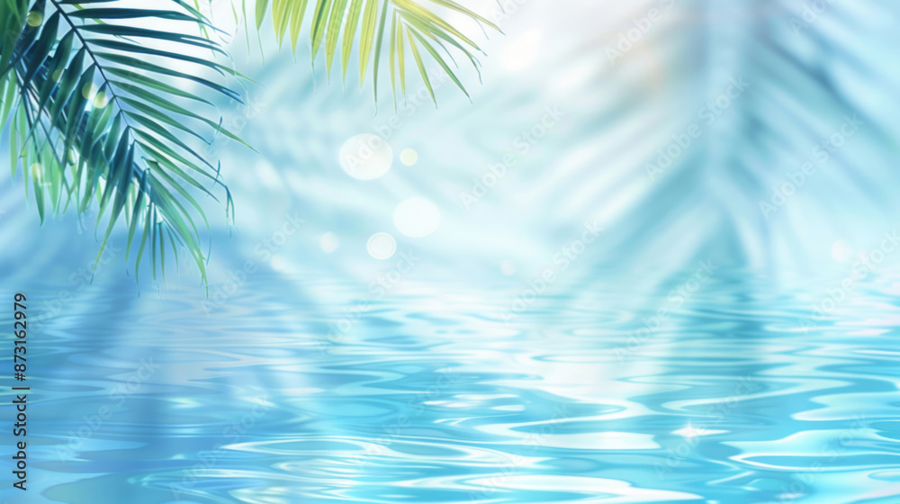 Fototapeta premium Palm leaves and water ripples against a light blue background create an abstract summer atmosphere.