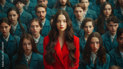 A woman in red stands out among a crowd of people, all dressed like men and wearing teal.