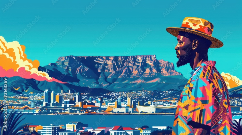 Obraz premium Colorful Minimalist Illustration of Table Mountain Overlooking Cape Town