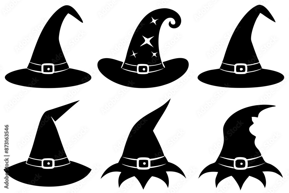 Halloween witch hat black silhouette, Set of different witch hats vector illustration, witch hat silhouette vector set Halloween witch hat black silhouette, Set of different witch hats vector illustration, witch hat silhouette vector set