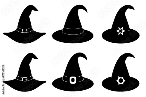 Halloween witch hat black silhouette, Set of different witch hats vector illustration, witch hat silhouette vector  set
