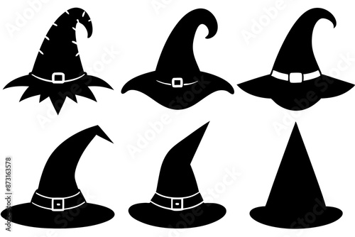 Halloween witch hat black silhouette, Set of different witch hats vector illustration, witch hat silhouette vector  set