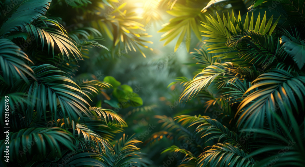A dark green canopy of many palm tree leaves. A dark green canopy of many palm tree leaves.