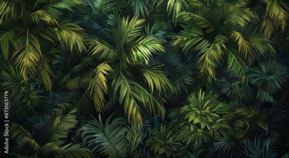 A lush and dense dark green palm tree canopy with vibrant leaves stands against a deep black background. A lush and dense dark green palm tree canopy with vibrant leaves stands against a deep black background.
