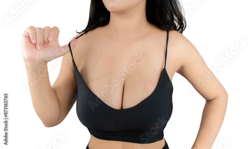 Woman with beautiful breasts, black bra isolated on white background, closeup.