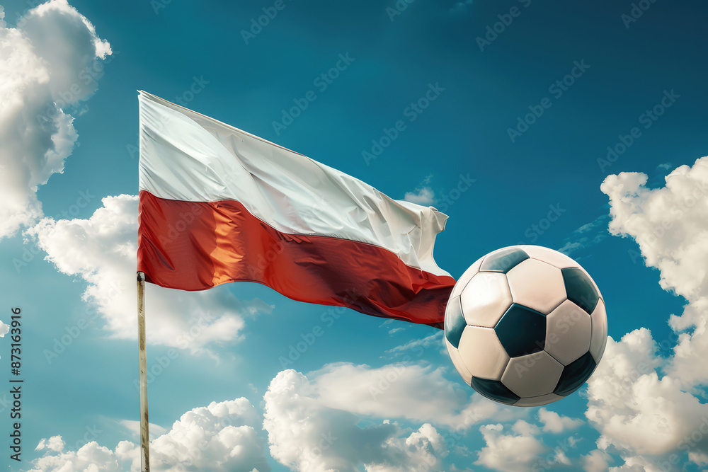 Naklejka premium polish flag and a soccer ball with blue cloudy sky in the background