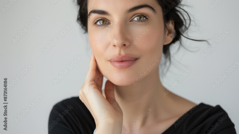 Elegant headshot of a beautiful woman in her 30s with distinct facial features and natural makeup. Isolated on white with a subtle smile