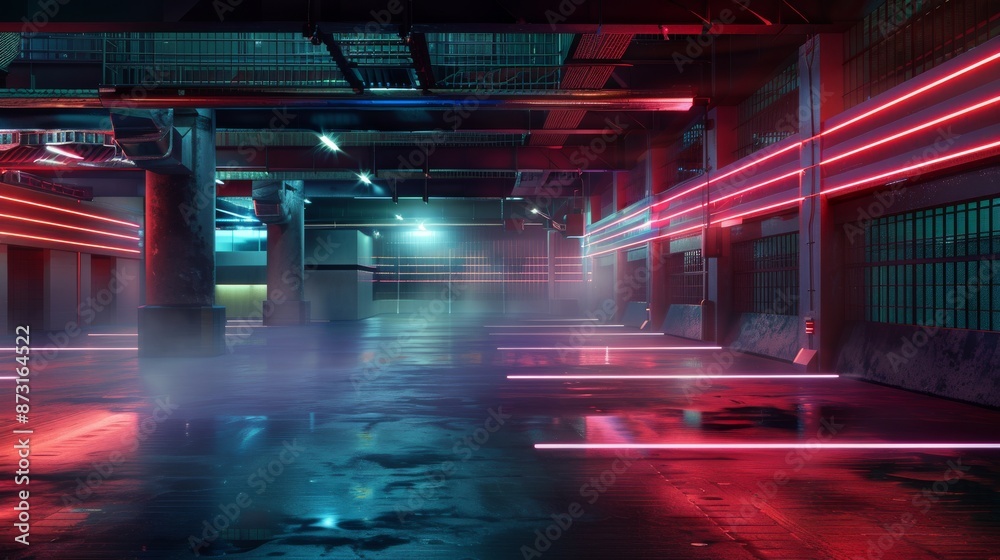 A futuristic scene of an empty parking lot with neon lights, with the camera moving from left to right in slow motion A futuristic scene of an empty parking lot with neon lights, with the camera moving from left to right in slow motion