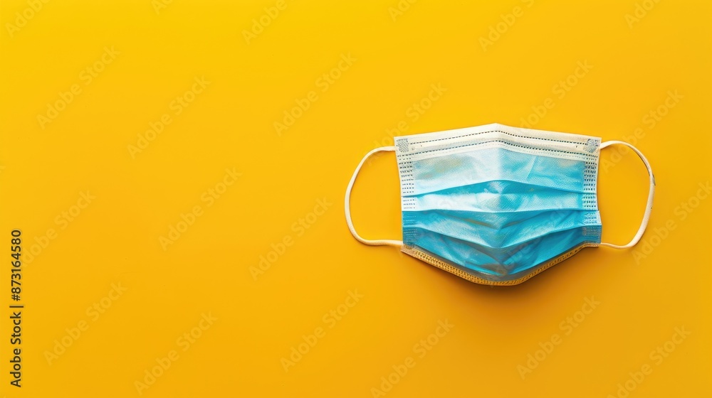 Medical mask on yellow background top view with space for text Guard against viruses including COVID 19 Traditional healthcare symbol on bright backdrop