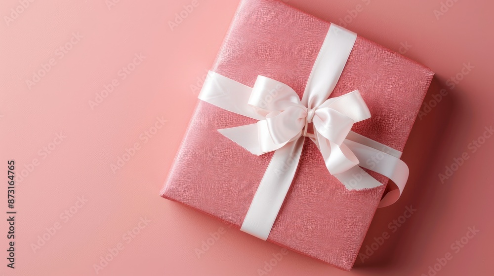 Pink gift packaging with white bow on pink backdrop Pink gift packaging with white bow on pink backdrop
