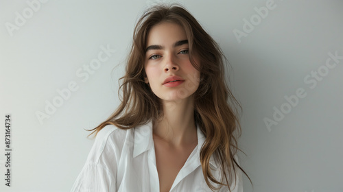 A beautiful headshot of a stunning young supermodel woman in her late 20s with flowing hair, green eyes, and full lips against a white background. Ideal for advertising and magazine editor © PrabhjitSingh
