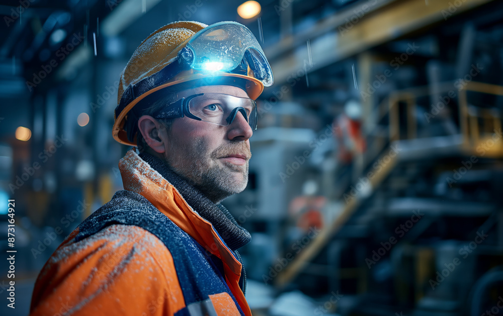 A real-time onsite portrait of a factory worker in full safety gear, captured in large industrial premises, showcasing workplace safety and the industrial environment A real-time onsite portrait of a factory worker in full safety gear, captured in large industrial premises, showcasing workplace safety and the industrial environment