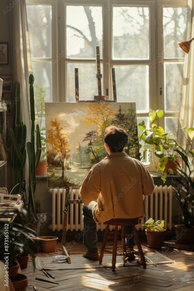 custom made wallpaper toronto digitalArtist working on a nature scene painting in a sunlit studio, surrounded by plants and art supplies for inspiration.