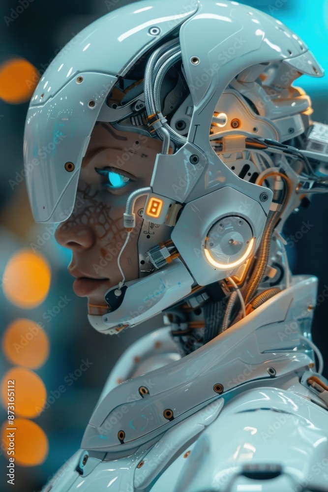 Close-up of a futuristic cyborg showcasing advanced robotics and intricate technological details, highlighted by glowing lights and mechanical components. Close-up of a futuristic cyborg showcasing advanced robotics and intricate technological details, highlighted by glowing lights and mechanical components.
