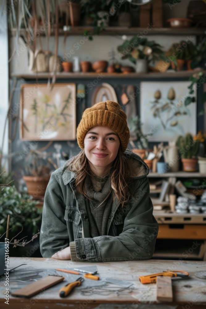 Female artisan wearing a yellow beanie and jacket, smiling in her cozy workshop surrounded by tools, plants, and artwork. Female artisan wearing a yellow beanie and jacket, smiling in her cozy workshop surrounded by tools, plants, and artwork.