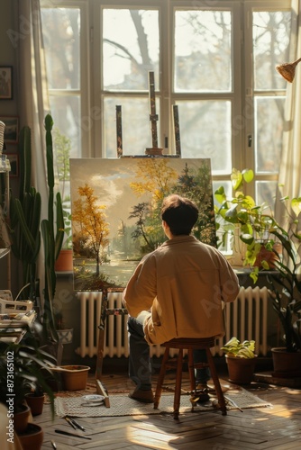 Wallpaper Mural Artist working on a nature scene painting in a sunlit studio, surrounded by plants and art supplies for inspiration. Torontodigital.ca