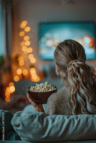 Woman sitting on a cozy couch with a bowl of popcorn, watching TV in a warmly lit living room, perfect for a movie night.