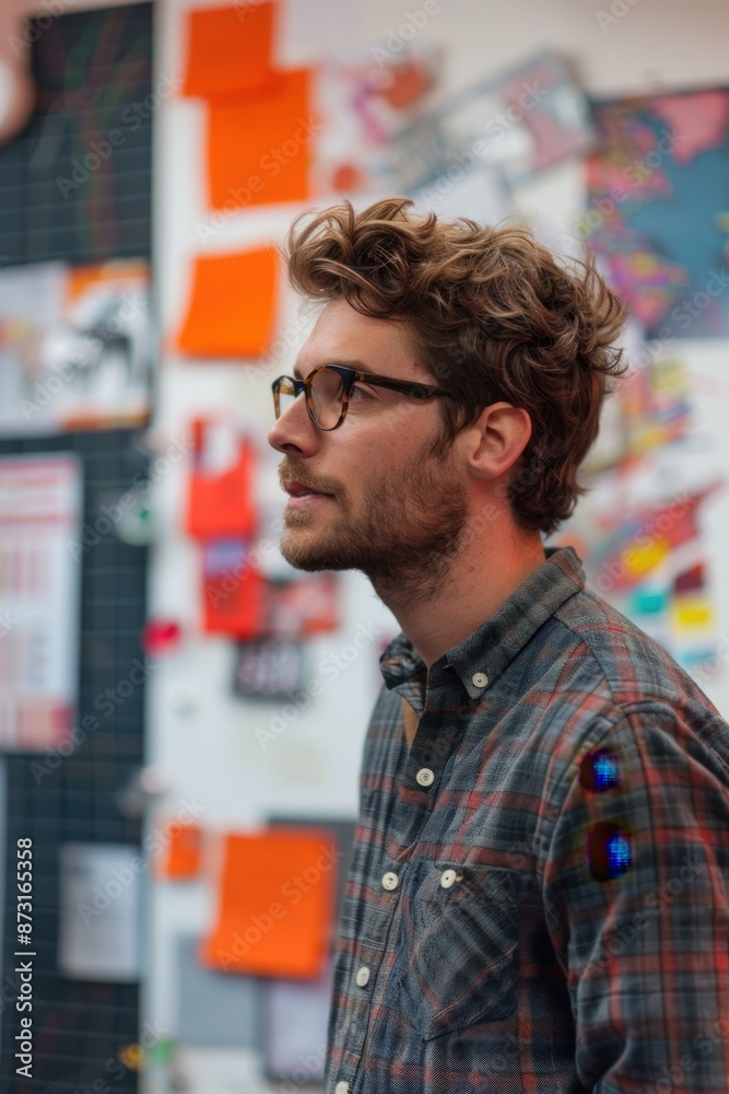 A thoughtful man with glasses and a beard stands in a creative office, looking at a vision board filled with ideas and notes. A thoughtful man with glasses and a beard stands in a creative office, looking at a vision board filled with ideas and notes.