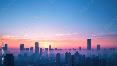 A city skyline in the early morning, with the first light of dawn breaking over the horizon and painting the buildings with a soft glow.