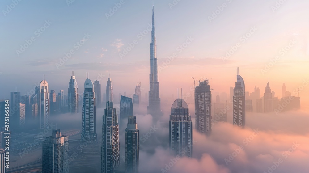 Obraz premium A city skyline in the early morning mist, with skyscrapers emerging from the foggy atmosphere.