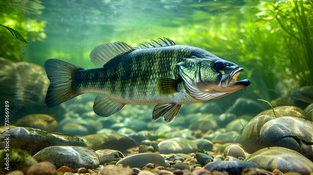 Closeup of Freshwater Fish Resting on Rocky Bottom in Tranquil Underwater Habitat Closeup of Freshwater Fish Resting on Rocky Bottom in Tranquil Underwater Habitat