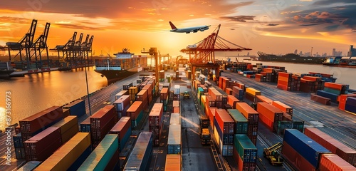 Cargo Ship at Port with Trucks and Airplanes during Sunset