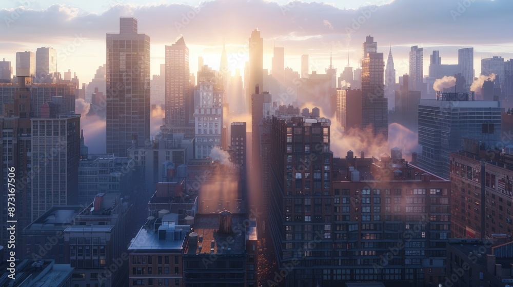A city skyline in the early morning, with the first rays of sunlight touching the tops of skyscrapers and rooftops.