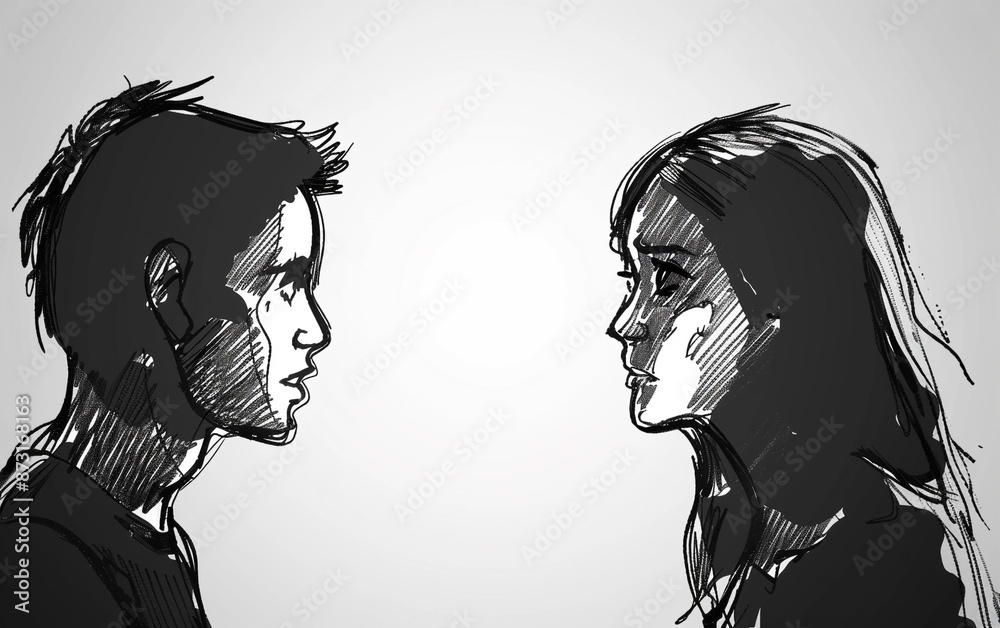 Minimalist monochrome cartoon image, showing a distressed woman on the right talking to a man on the left. Simplified design with high contrast and sketch-like lines. , full ultra hd, high resolution Minimalist monochrome cartoon image, showing a distressed woman on the right talking to a man on the left. Simplified design with high contrast and sketch-like lines. , full ultra hd, high resolution
